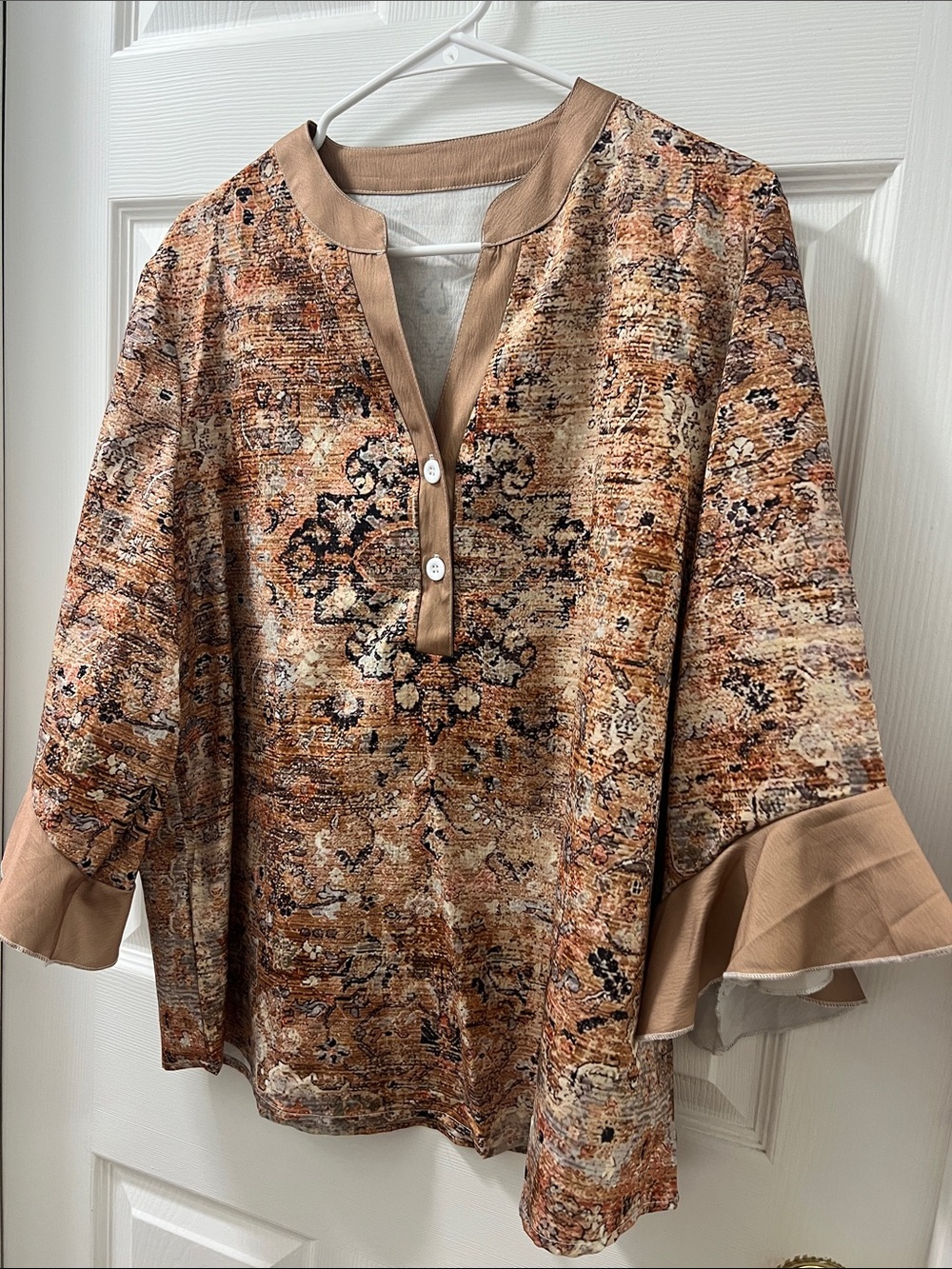 Women’s Printed Ruffle-Sleeve Tunic Top - Beige Multi